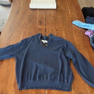 Men's V-Neck Navy Pullover Sweater with Toggle Detail